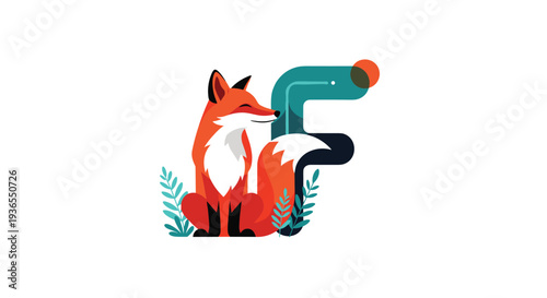Charming illustration of a red fox sitting next to a stylized teal letter F representing nature and alphabet learning themes.