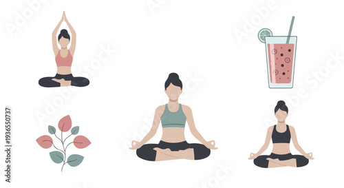 Minimal flat vector design featuring wellness icons including yoga pose, meditation, and smoothie drink, soft palette, white backdrop.