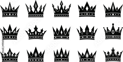 Large Vector Collection of Fifteen Unique Royal Crown Silhouettes Featuring Various King Queen and Emperor Headwear Designs Isolated on White