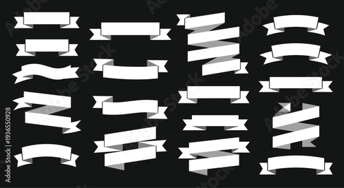 Large collection of white ribbon banners and scrolls in various shapes and styles displayed on a solid black background.