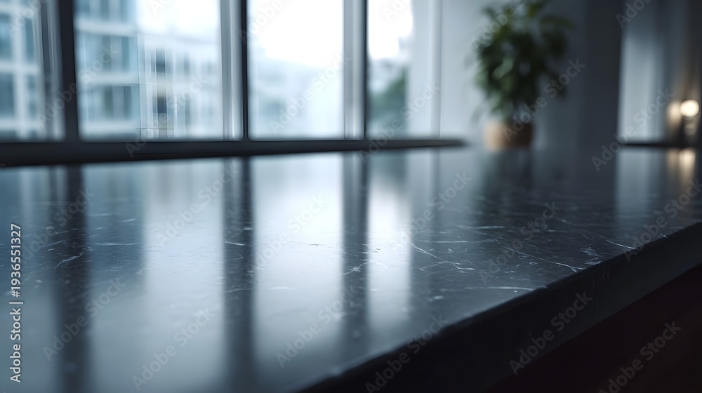 Fototapeta premium Polished dark marble countertop surface in a modern interior reflecting natural light from large