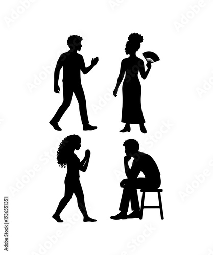 Diverse people silhouettes walking standing sitting thinking