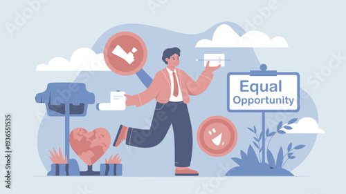 A cartoon man holding papers and walking towards equal opportunity in a vibrant and peaceful environment