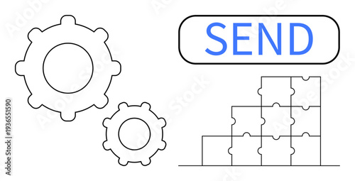 Workflow concept. Gears, a send button, and puzzle pieces process automation, teamwork, and efficiency. Workflow for task management, business strategy, system design automation tools collaboration