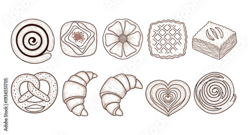 Detailed vintage style sketches of various bakery products including croissants pretzels and sweet pastries on a white background.