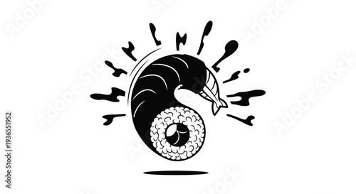 Creative sushi roll illustration with a shrimp tail emerging, stylized with splashes.