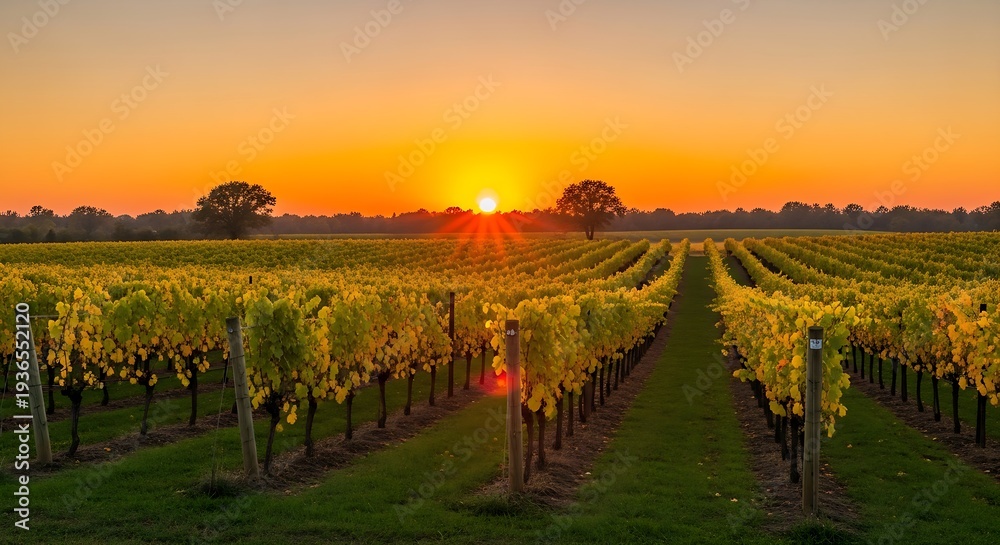 Naklejka premium A breathtaking sunset glows over symmetrical rows of golden vineyard vines in a peaceful, rolling rural autumn landscape.