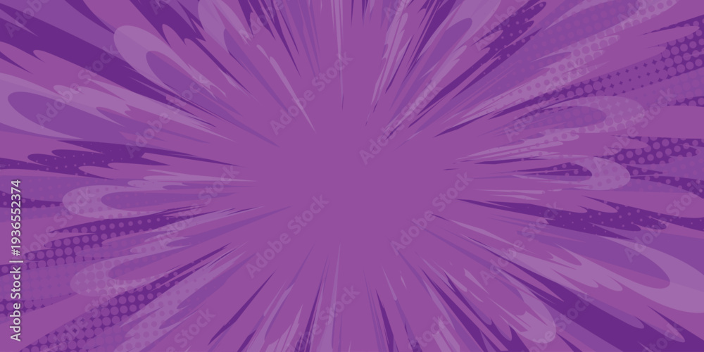 Obraz premium Purple comic book background. Anime design with purple radial halftone explosion. Dynamic pop art superhero action backdrop