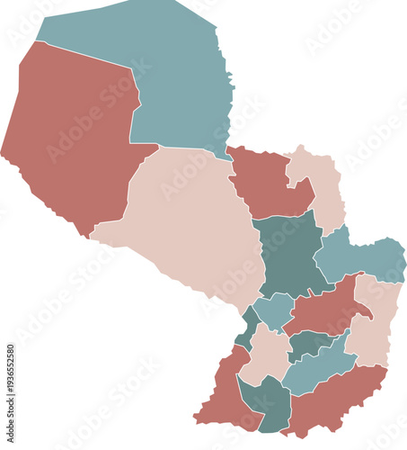 Paraguay Map with Administrative Districts and Topographic Terrain