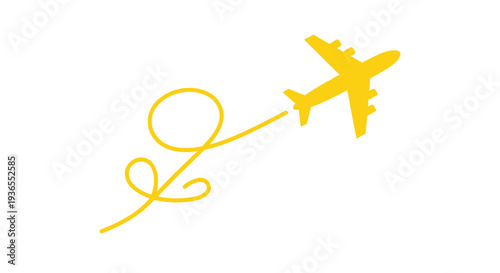 Yellow airplane flying with a whimsical swirl path on white background