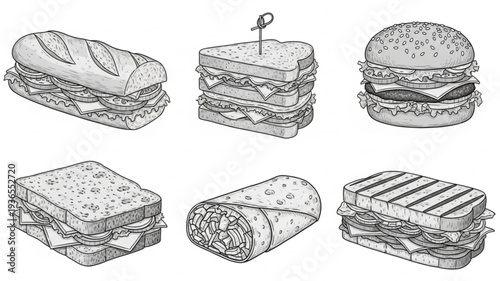 Vintage hand drawn engraving style collection of sandwiches including burger wrap panini sub and club sandwich