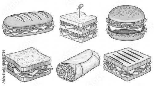 Vintage hand drawn engraving style collection of sandwiches including burger wrap panini sub and club sandwich