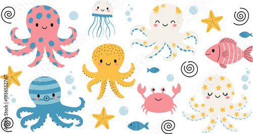 Cute octopus and sea animals cartoon vector illustration set with jellyfish crab starfish fish and underwater elements