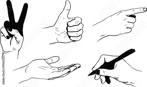 Human hand gestures collection including peace sign thumbs up pointing finger open palm and writing with pen in outline