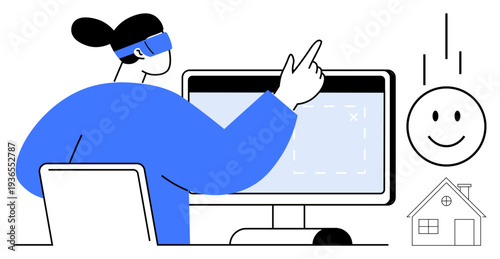 Virtual reality. A person using VR technology engages with a smart home interface. Virtual reality enables innovative solutions for automation. Ideal for smart tech, innovation, and UI design