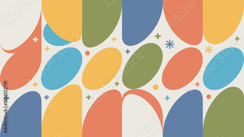 A colorful abstract pattern of various shapes and sizes on a white background
