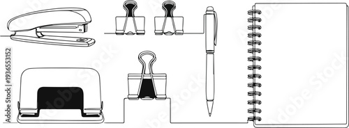 Set of office stationery items continuous line art drawing minimalist style vector illustration isolated on background