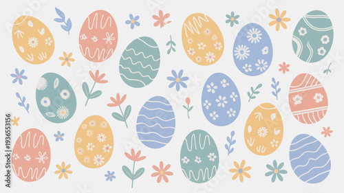 A colorful Easter-themed illustration featuring decorated eggs and flowers on a white background
