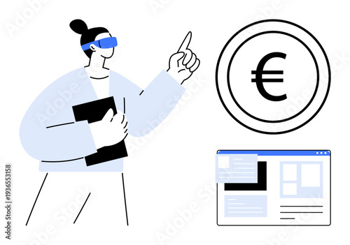 Business analysis, virtual technology, finance, digital currency, innovation, web interface. A person wearing VR glasses pointing to a Euro symbol with a financial webpage. Focus on finance