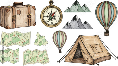 Travel and adventure theme with vintage suitcase compass maps hot air balloons tent and mountains