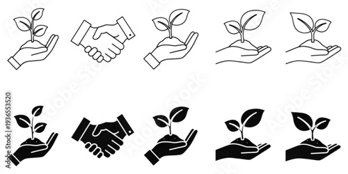 Set of hand gesture icons for environmental care, sustainability, and partnership, shown in minimalist black outline and solid glyph styles for various design concepts