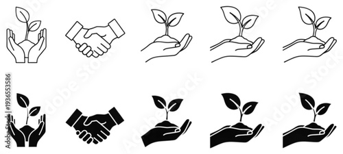 Set of hand gesture icons for environmental care, sustainability, and partnership, shown in minimalist black outline and solid glyph styles for various design concepts