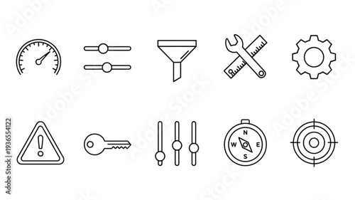 Dashboard, settings icon set. Functional control icons in outline style collection.