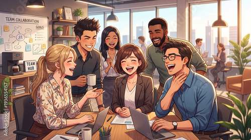Anime Style Corporate Team Having a Fun Collaborative Moment in a Bright Modern Office