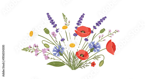 Vector floral bouquet illustration with poppies, lavender, and wildflowers