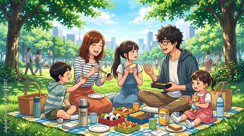 Anime Style Scene of a Happy Family Enjoying a Picnic Lunch in a Sunny City Park