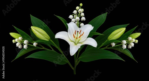 Elegant floral repeat design showcasing delicate white lily blossoms and green leaves creating a soothing, organic background texture ,fabric ,green ,delicate