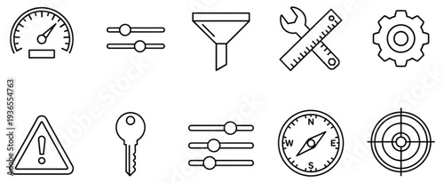 Dashboard, settings icon set. Functional control icons in outline style collection.