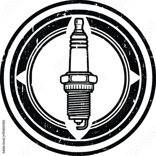 Vintage spark plug emblem vector illustration, retro automotive ignition symbol in black and white