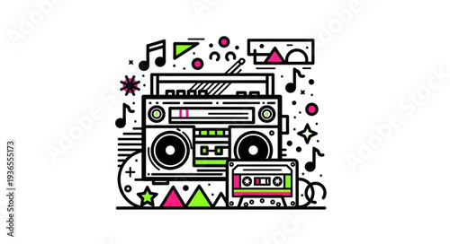 Vibrant Doodle Art Featuring Retro Boombox and Music Elements.