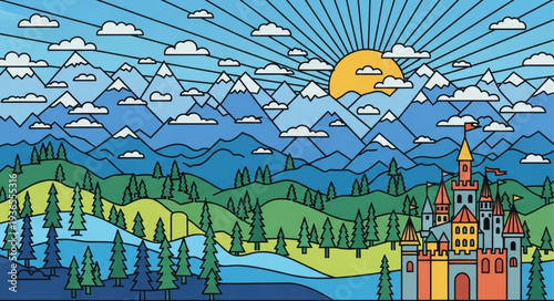Colorful cartoon landscape with castle and mountains under sunny sky.