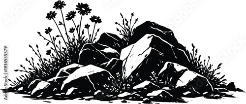 Black and White Wildflower Rocks Illustration, Nature Stone Landscape Vector Silhouette.