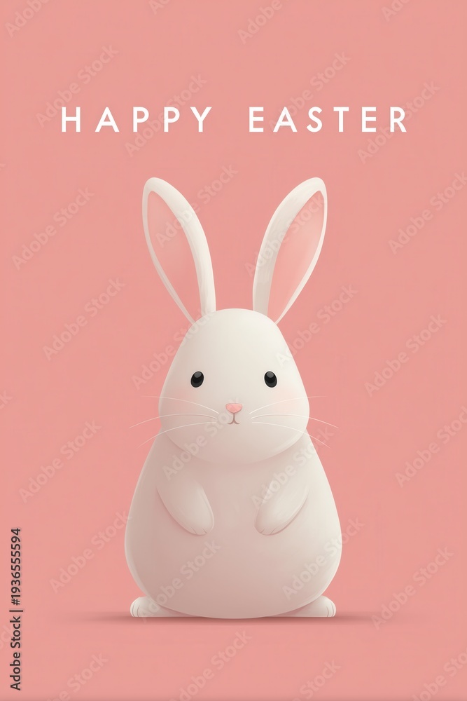 Fototapeta premium Minimal Cute Easter Bunny on Pink Background with Happy Easter Greeting Card Design.