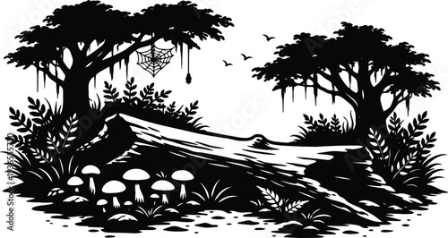 Black and White Forest Landscape Illustration, Woodland Trees, Mushrooms, and Nature Silhouette.