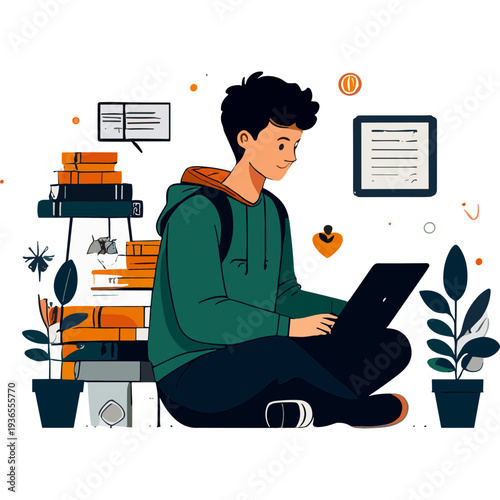 Students study with books and laptop  read and write together. Vector flat illustration of young people learning in education class  university or college library