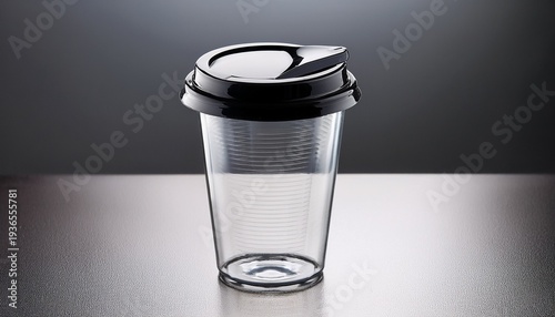 A Clear Glass To Go Cup With A Black Lid Rests On A Surface