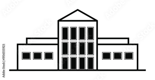 Simple line art illustration of a generic institutional building with a central taller section and two lower wings, featuring multiple windows.