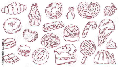 Hand drawn set of sweet pastries and candies. Cakes, cookies, pie, cupcake, pudding, croissant, ice cream, candy, eclair, chocolate covered strawberries - doodle sketch style collection. Vector
