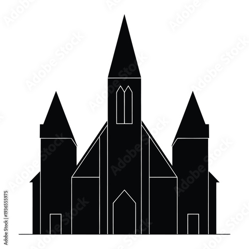Black silhouette illustration of a gothic-style church with multiple spires and pointed roofs against a white background.
