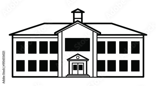 A simple black and white line art illustration of a two-story school building with a central entrance and a small cupola on the roof.