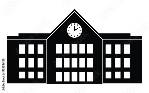 Black silhouette icon of a traditional school building with a clock on its gabled roof and multiple windows, representing education.