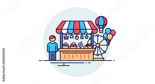 Colorful fairground stall with vendor and ferris wheel balloons floating by fun summer fair scene