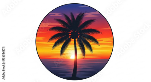 Vibrant tropical sunset with a lone palm tree silhouette against a colorful sky and calm sea