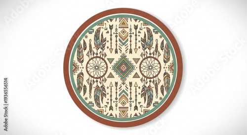 Vibrant native american dreamcatcher plate with feather and wheel patterns on white background