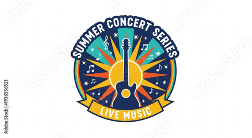 Summer concert series live music logo with guitar and sunburst design elements on white background