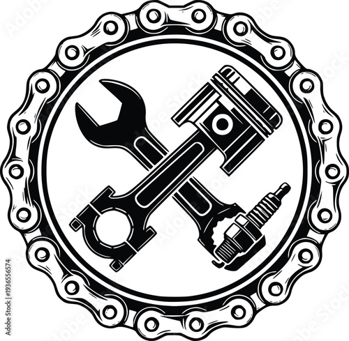 Vintage Mechanic Emblem with Piston, Wrench and Spark Plug Inside Chain Ring – Black and White Vector